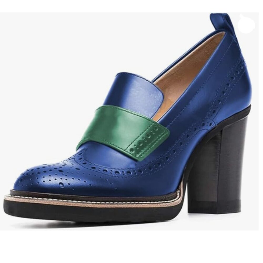 Blue and Green Leather Block Heel Loafer
